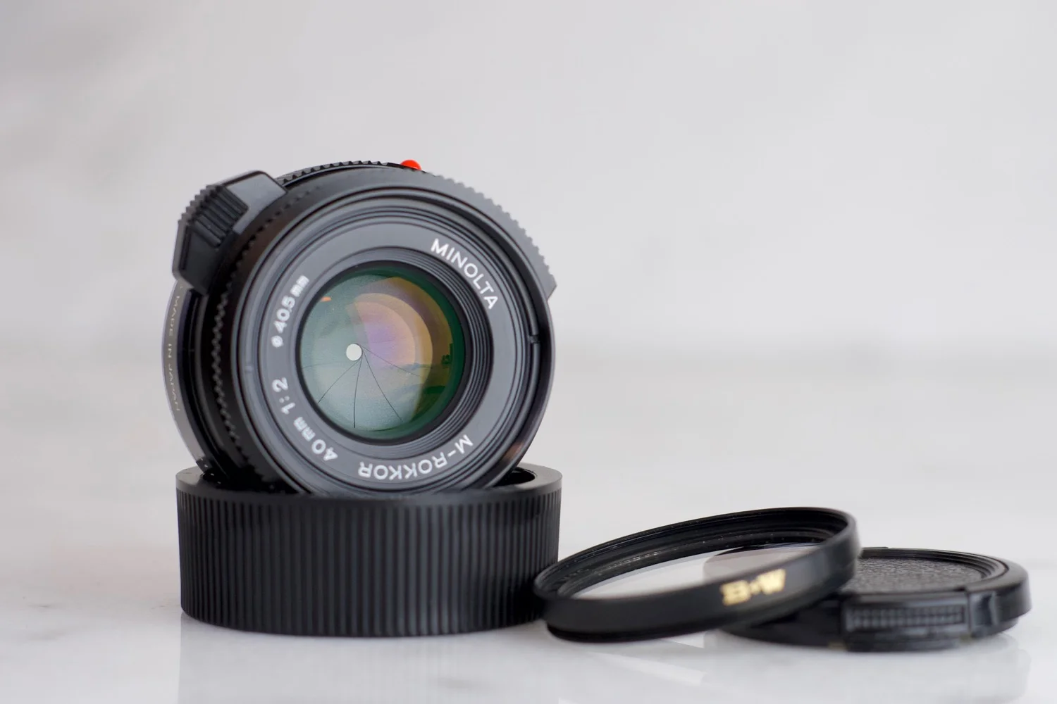 Minolta M Rokkor 40mm F/2 Lens with B+W UV Filter, Front and Rear